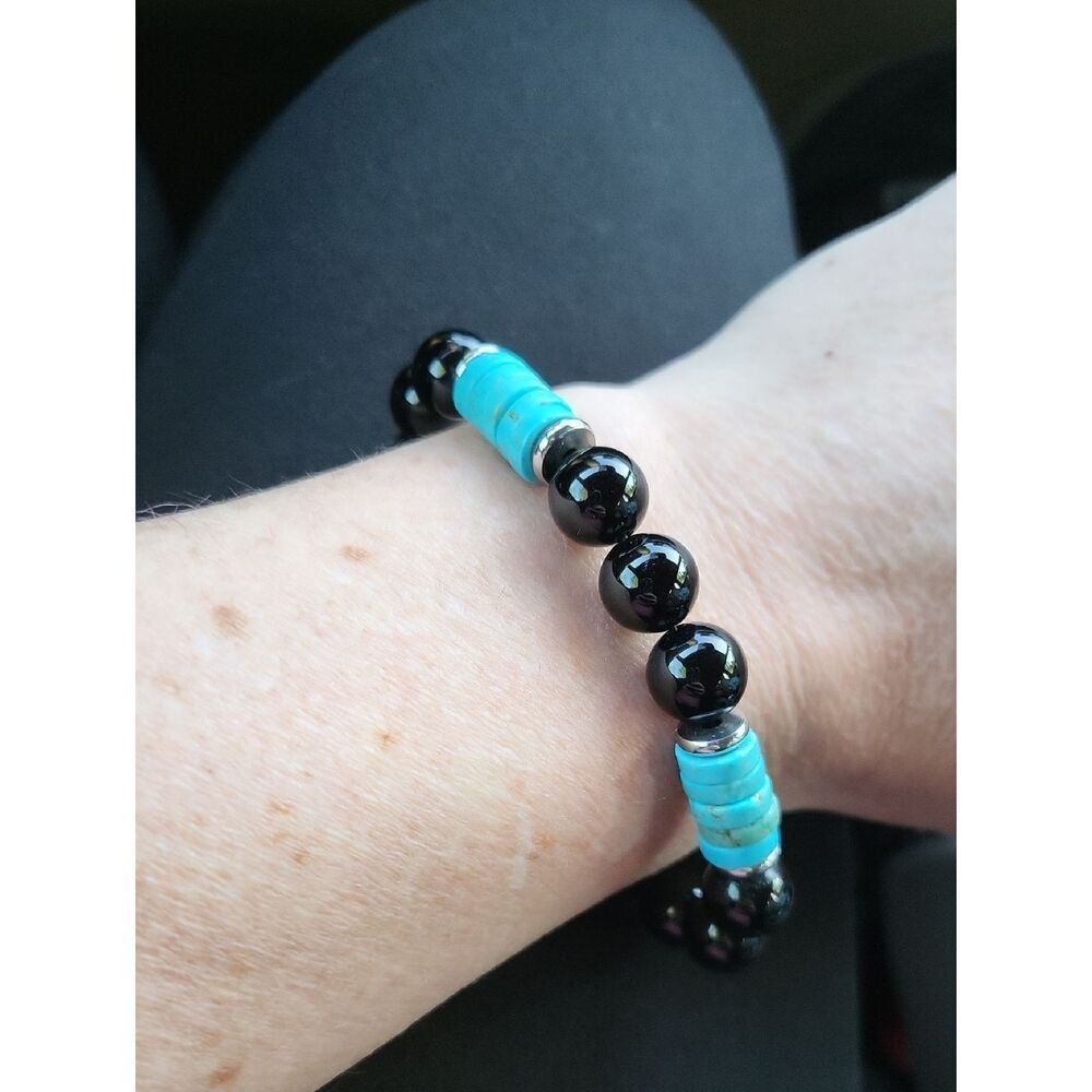 Turquoise & Black Beaded Stretch Bracelet - Unbranded